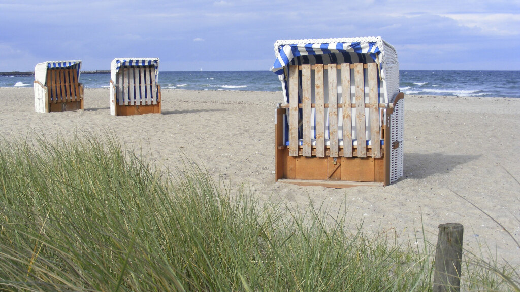 Sie sehen einen Strandkorb an einem Strand nahe der Dünen.