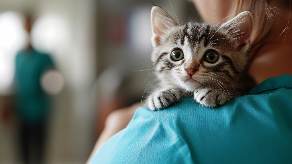 Sie sehen eine junge Katze, die von einer Tierärztin auf der Schulter getragen wird.