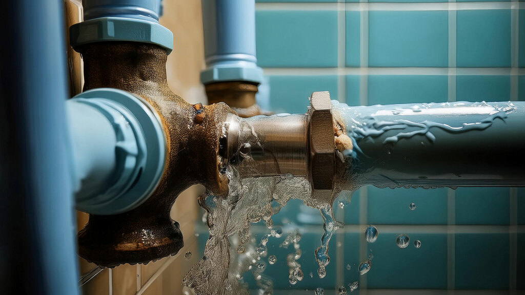 Sie sehen ein beschädigtes Rohr aus dem Wasser fließt.