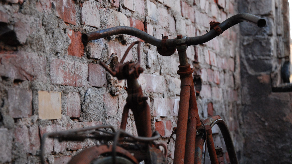 Sie sehen ein vorrostetes Fahrrad, welches an einer Mauer lehnt und keinen fahrtauglichen Eindruck mehr macht.