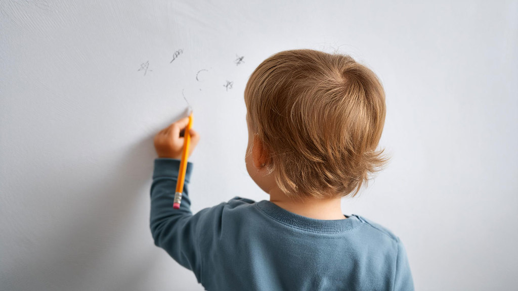 Sie sehen ein Kleinkind, wie es eine Wand mit Bleistift bemalt.