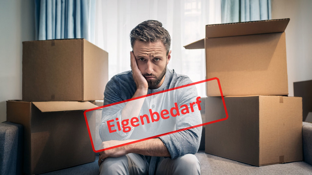 Sie sehen einen traurigen (verzweifelten) Mann, der in einem leeren Zimmer mit Umzugskartons sitzt. Davor ist der Schriftzug „Eigenbedarf“ zu sehen.