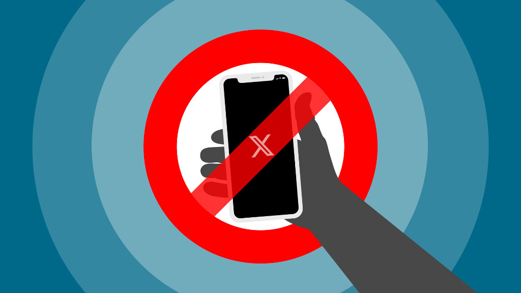 Sie eine Zeichnung mit einer Hand, die ein Smartphone hält. Auf dem Bildschirm steht das Logo der Plattform X. Über diese Darstellung wurde ein Verbotszeichen gelegt.