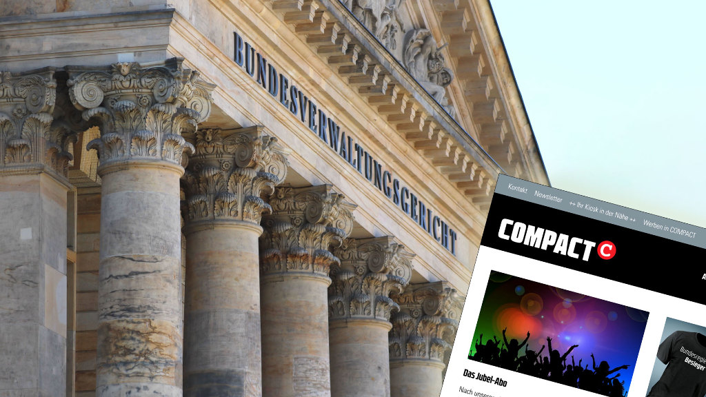 Sie sehen das Bundesverwaltungsgericht in Leipzig und davor einen Screenshot des Compact Magazins.
