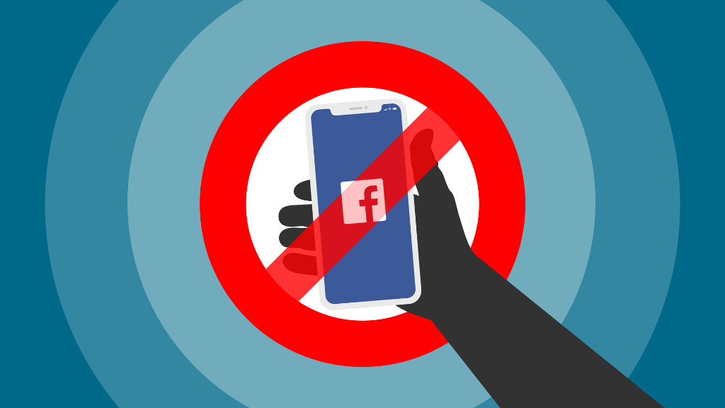 Sie eine Zeichnung mit einer Hand, die ein Smartphone hält. Auf dem Bildschirm steht das Logo des Sozialen Netzwerkes facebook. Über diese Darstellung wurde ein Verbotszeichen gelegt.