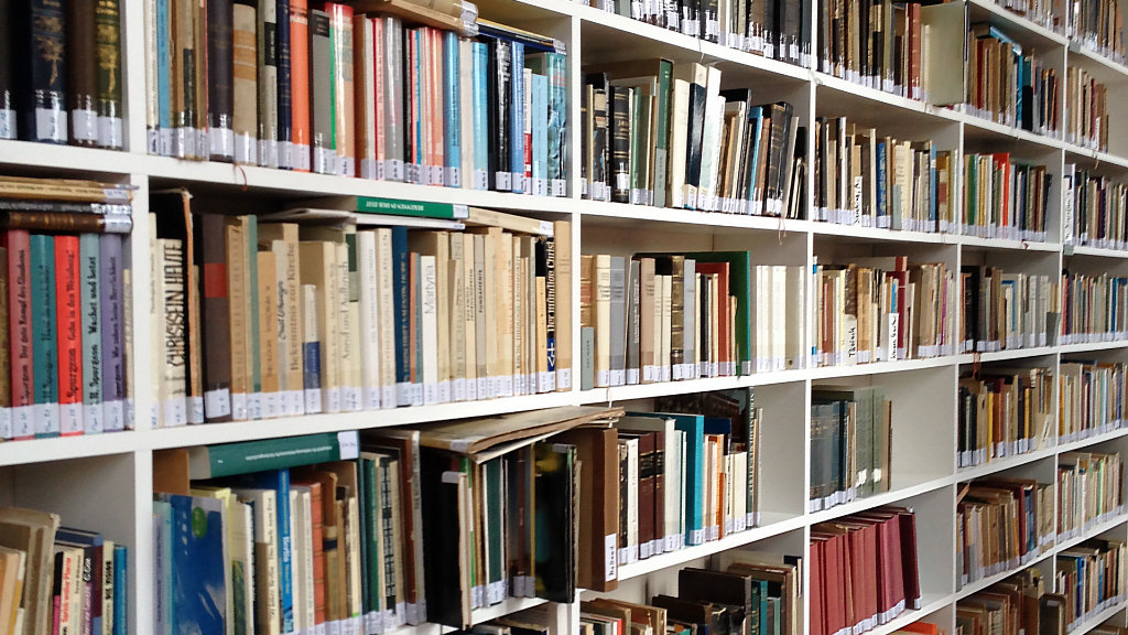 Sie sehen die Bücherregale einer Bibliothek