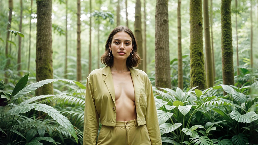 Sie sehen ein Fotomodell in einem Wald posieren.