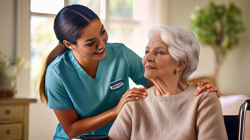 Sie sehen eine Pflegekraft, die mit einer älteren Dame spricht.