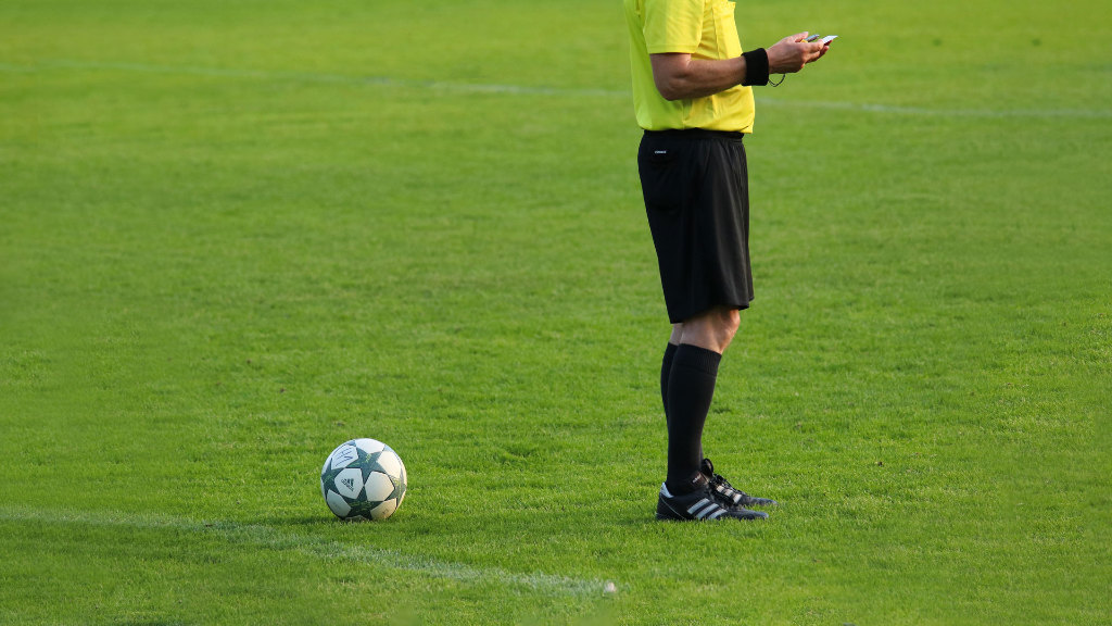 Sie sehen einen Fußball und einen Schiedsrichter auf dem Rasen stehen.