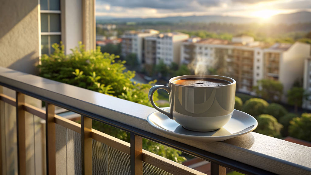 Sie sehen ein Geländer auf einem Balkon, auf dem eine Kaffeetasse steht.