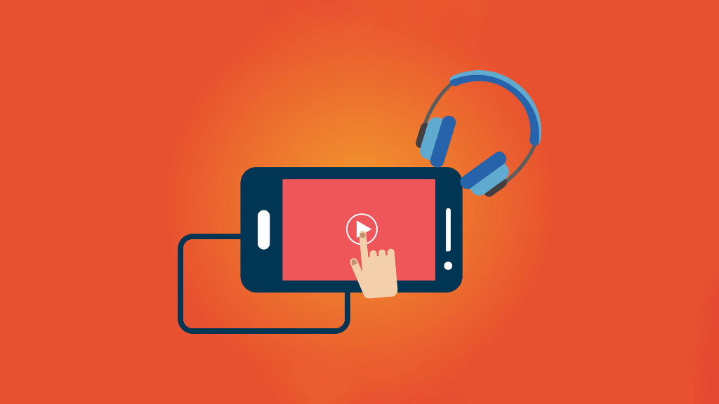 Sie sehen eine Zeichnung von einem Smartphone und einem Kopfhörer, wobei ein Finger auf einen Play-Button tippt.