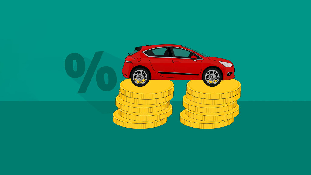 Sie sehen eine Ziechnung mit zwei Münzstapeln, auf denen ein Auto steht.