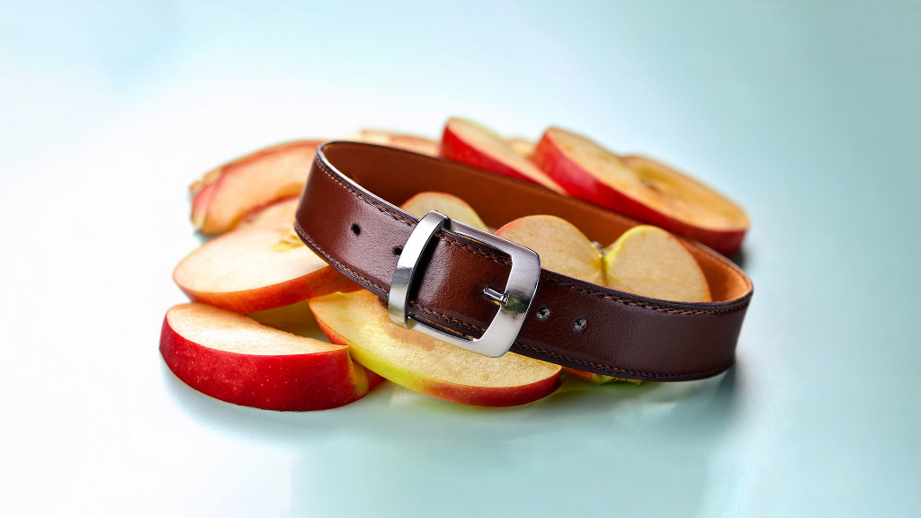 Sie sehen ein Hundehalsband, welches auf Apfelscheiben liegt.