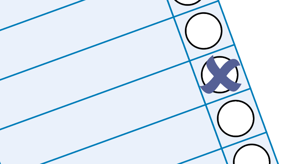 Sie sehen einen Wahlschein mit einem Kreuz darauf.