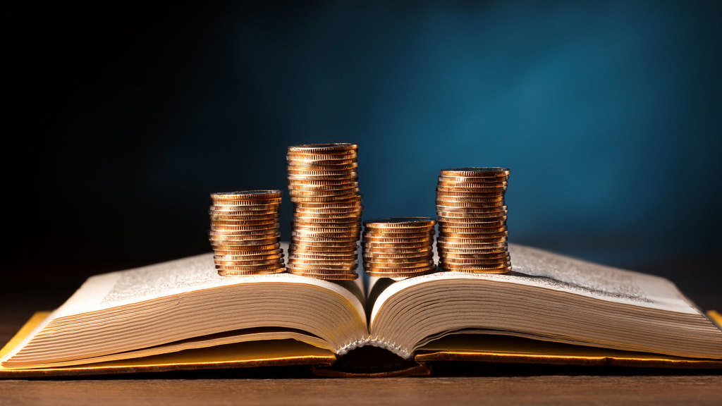 Sie sehen ein aufgeschlagenes Buch mit vier Münzstapeln, die darauf stehen.