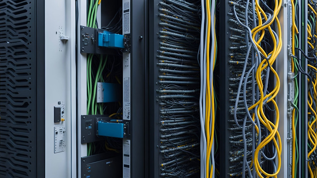 Sie sehen ein Rack mit Netzwerktechnik.