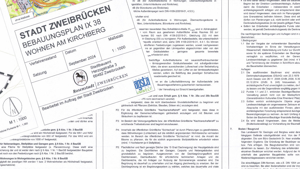 Sie sehen einen Ausschnitt aus dem amtlichen Bebauungsplan &bdquo;IX 38 Wohnen Am Kirchberg&ldquo; der Stadt Zweibrücken.