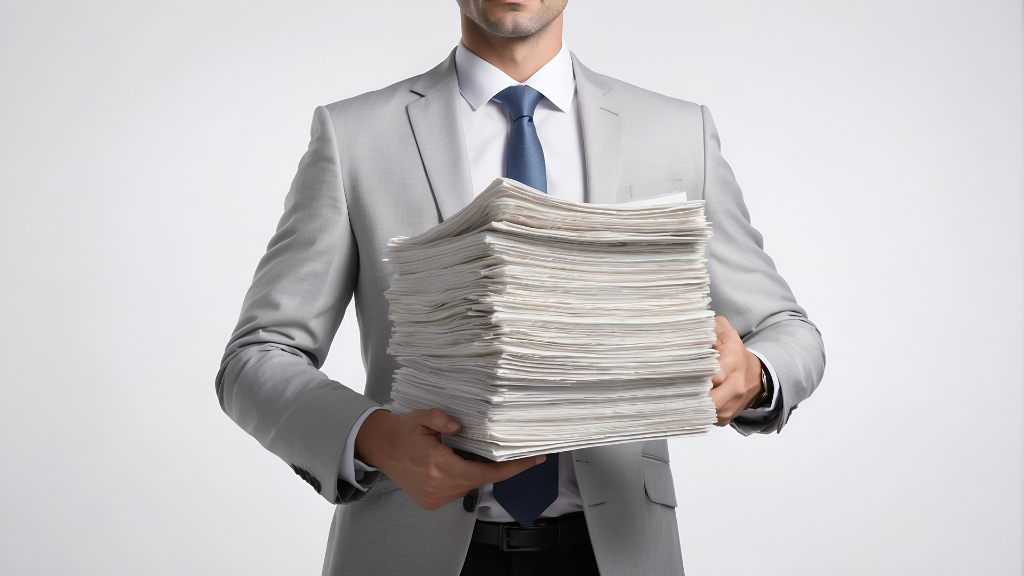 Sie sehen einen Mann mit einem großen Stapel Papier in der Hand.