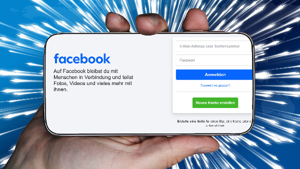 Sie sehen eine Hand, welche ein Smartphone hält, auf dessen Bildschirm ein Teil der Anmeldeseite von facebook zu sehen ist.