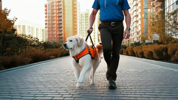 Sie sehen einen Assistenzhund mit Herrchen.