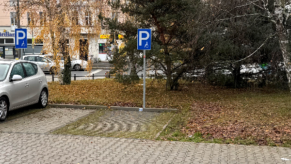 Sie sehen einen Parkplatz für PKWs, der als Behindertenparkplatz beschildert wurde.