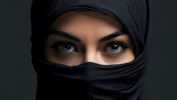 Sie sehen das Gesicht einer Frau, die mit einem Niqab verschleiert ist.