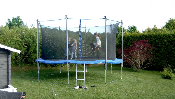 Sie sehen Kinder, die auf einem Trampolin springen, welches vor einer Hecke steht.