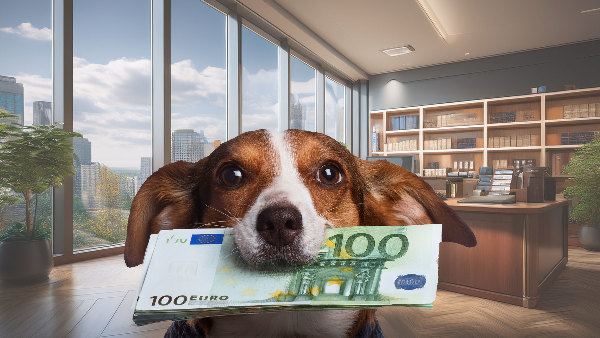 Sie sehen einen Hund mit einem Bünden von 100 Eurogeldscheinen im Maul.