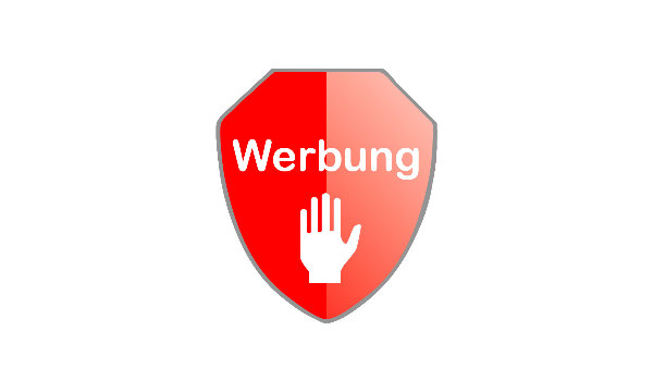 Sie sehen ein Schild mit der Aufschrift Werbung und eine abweisende Hand.