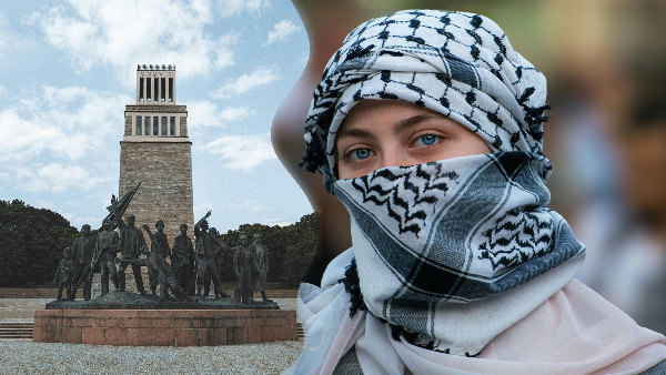 Sie sehen auf der linken Seite eine Ansicht der Gedenkstätte Buchenwald und auf der rechten Seite eine Frau, die ein Palästinensertuch trägt.