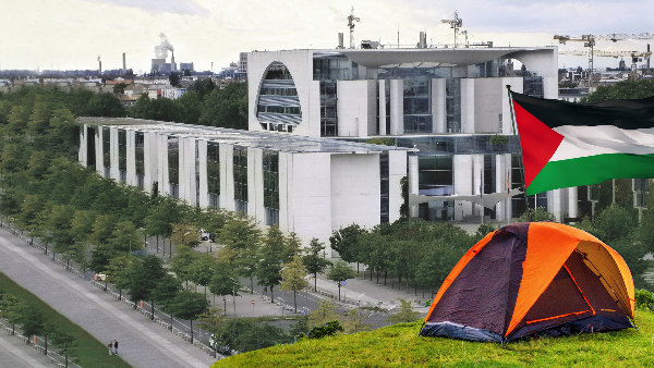 Sie sehen eine Bildmontage aus einer Ansicht des Bundeskanzleramts in Berlin, einem Zelt und der Palästinensischen Fahne.