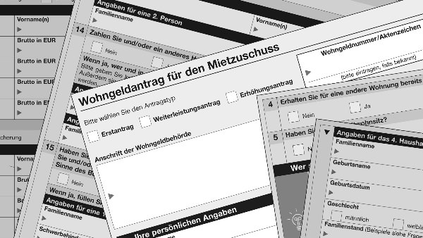 Sie sehen verschiedene Seiten eines Wohngeldantrages.