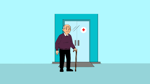 Sie sehen eine Zeichnung einer Eingangstür eines Krankenhaus vor der ein alter Mann mit Krückstock steht.