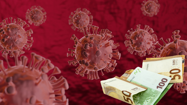 Sie sehen eine Grafik mit mehreren Corona-Viren und einigen Geldscheinen.