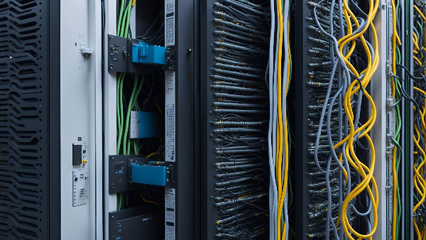 Sie sehen ein Rack mit Netzwerktechnik.