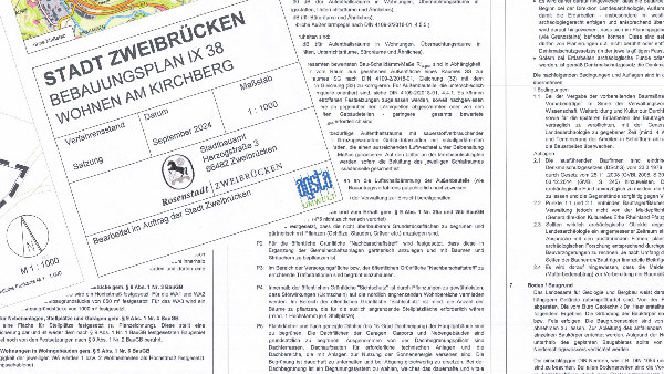 Sie sehen einen Ausschnitt aus dem amtlichen Bebauungsplan &bdquo;IX 38 Wohnen Am Kirchberg&ldquo; der Stadt Zweibrücken.