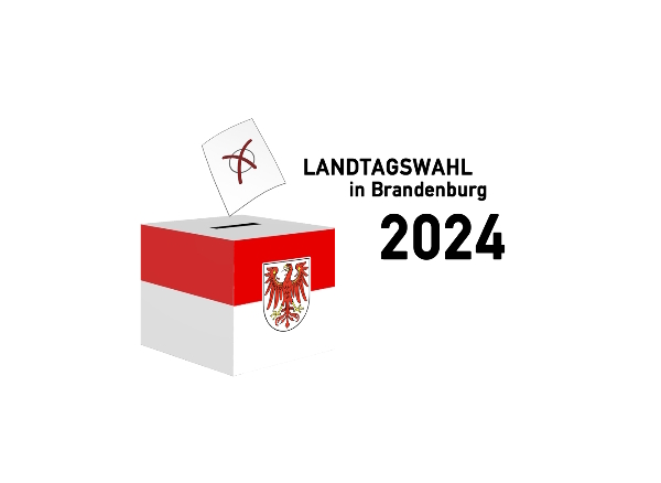 Sie sehen die Zeichnung einer Wahlurne, welche in den Landesfarben von Brandenburg gefärbt und mit dem passenden Wappen dekoriert wurde.