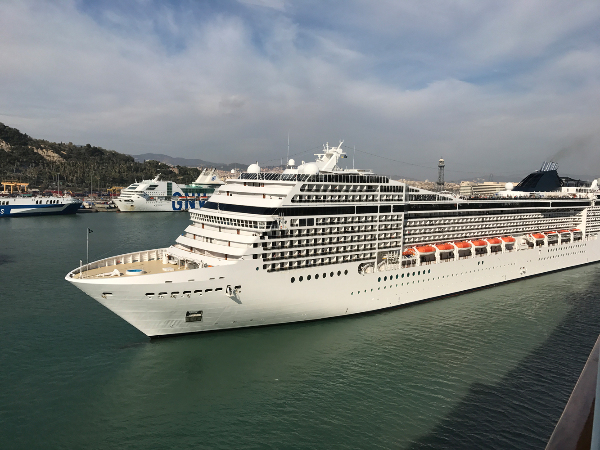 Sie sehen ein Kreuzfahrtschiff im Hafen.