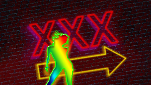 Sie sehen eine Leuchtreklame, welche drei rote X und die Silhouette einer jungen Frau zeigt.