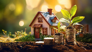 Sie sehen ein Haus mit auf die Erde gestapelten Münzen im Vordergrund.
