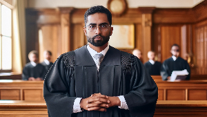 Sie sehen einen männlichen Rechtsanwalt im Gerichtssaal.