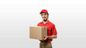 Sie sehen einen Paktboten, der ein Paket hält.