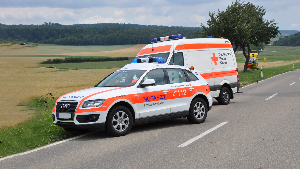 Sie sehen einen Notarzt- und einen Rettungswagen am Straßenrand stehen.