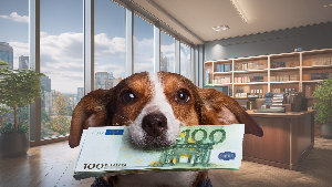 Sie sehen einen Hund mit einem Bünden von 100 Eurogeldscheinen im Maul.