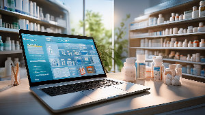 Sie einen Laptop in einer Apotheke.