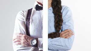 Sie sehen auf der linken Seite einen Mann und auf der rechten Seite eine Frau - getrennt durch einen weißen Balken.