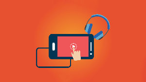 Sie sehen eine Zeichnung von einem Smartphone und einem Kopfhörer, wobei ein Finger auf einen Play-Button tippt.