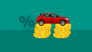 Sie sehen eine Ziechnung mit zwei Münzstapeln, auf denen ein Auto steht.