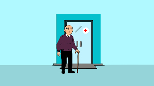 Sie sehen eine Zeichnung einer Eingangstür eines Krankenhaus vor der ein alter Mann mit Krückstock steht.