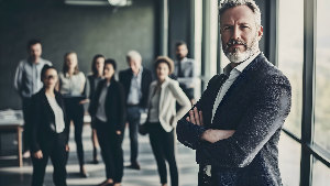 Sie sehen einen älteren Geschäftsmann und eine Gruppe Mitarbeiter im Hintergrund.